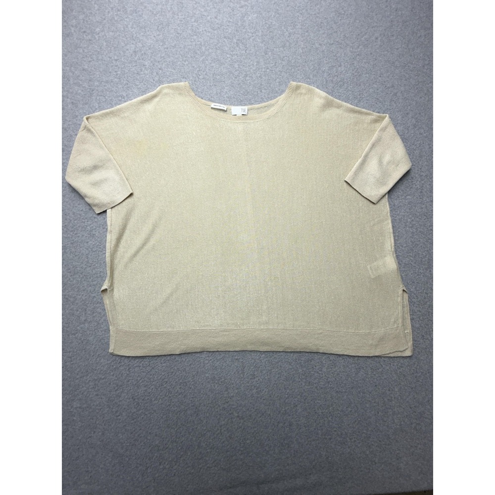 TSE 100% Linen Sweater Womens Petite‎ Small Beige Short Sleeve Boxy Knit Dolman